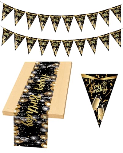 Happy Birthday Table Runner Set, 2 Banners, Black Gold, 13 x 72 in - color: Black Suit
