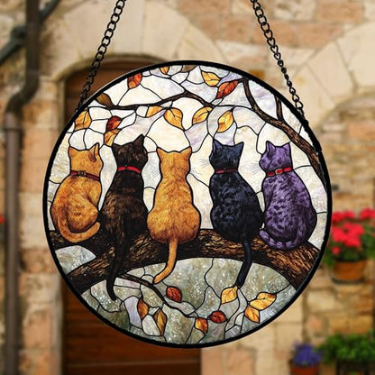 5 Cats on a Branch Stained Glass Window Hanging Suncatcher Gifts 7.8" - color: Black, size: 7.8x7.8 IN