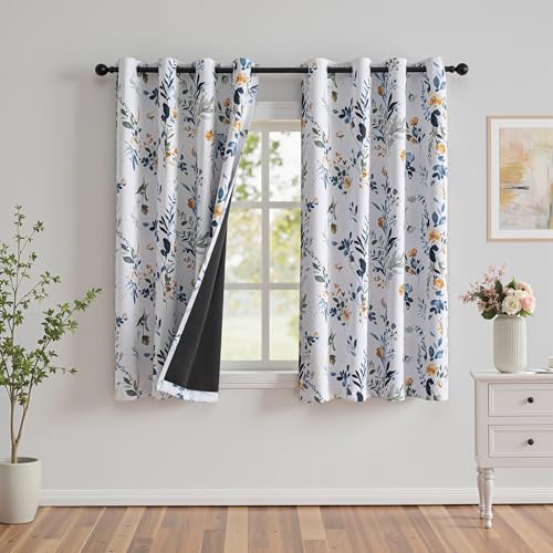 MYSKY HOME 95% Blackout Floral Curtains 63 inch Long 2 Panels for Bedroom Living Room Flower Patterned Room Darkening Thermal Insulated Soundproof Grommet Window Treatments, 52" Wide, Yellow and Blue - color: Yellow and Blue, size: 52"W x 63"L (Pack of 2)