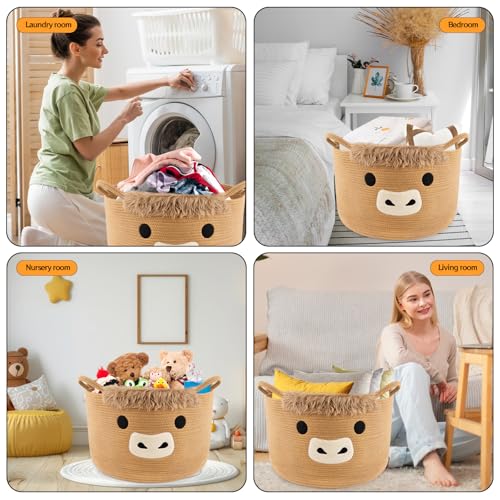 Large Highland Cute Cow Basket for Nursery,Laundry Blanket Gift Basket - color: Brown, size: 23"D ×13 "H