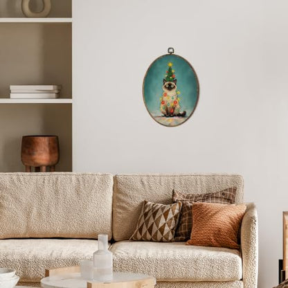 OINDADE Funny Christmas Siamese Cat Owner Gifts Oval Wall Art Hanging Decor - color: Christmas Siamese Cat