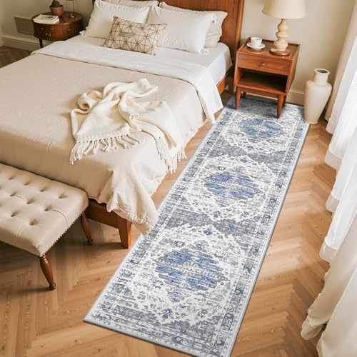 Ileading Washable Hallway Runner Rugs, 2x8 Non Slip Runners Area Rug for Entryway Kitchen Bathroom Bedroom Laundry Living Room, Long Narrow Low-Pile Floor Carpet Boho Vintage Throw Mat for Kids Room - color: Grey, size: 2' x 8' (Rectangular)