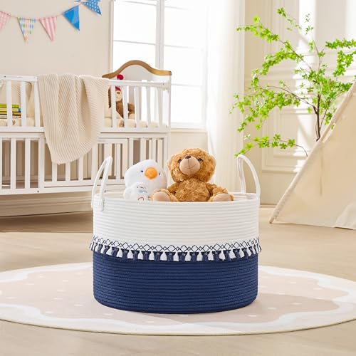KAKAMAY Large Blanket Basket with Handles, Storage Basket for Living Room - color: Blue Fringe