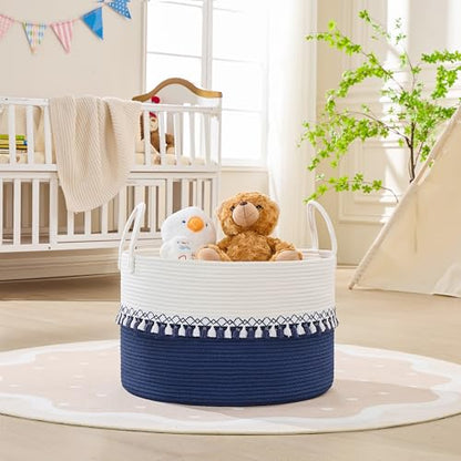KAKAMAY Large Blanket Basket with Handles, Storage Basket for Living Room - color: Blue Fringe