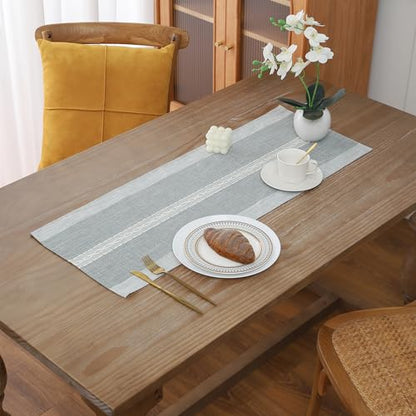 Gernaice Boho Table Runner, Rustic Cotton Linen Farmhouse Table Runners for Dresser End Coffee Table Home Decor, 24" L X 13" W Grey - size: 13" X 24", style: Grey Striped