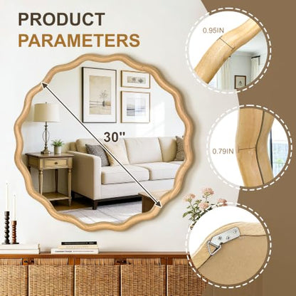 AMOISE Round Wavy Wall Mirror, 30" Circle Boho Scalloped Mirror - size: 30"L x 30"W