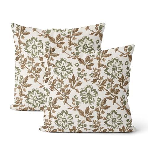 CXMEIFLY Boho Sage Green Brown Floral Pillow Covers 18 x 18 Inch Set of 2 Vintage Block Print Flower Outdoor Decor Throw Pillows Neutral Linen Farmhouse Decorative Pillowcases for Couch Bed Sofa - color: Green Brown, size: 18" x 18" (Pack of 2)