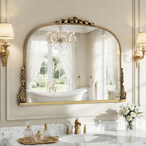 26x38 inch Vintage Arched Gold Ornate Baroque Mirror - Wall Vanity Mirror with Beautiful Retro Top and Bottom Engraving Process Frame for Bathroom, Living Room, Fireplace, Entryway, HD Tempered Glass - color: Elegant Gold, size: 28"L x 36"W