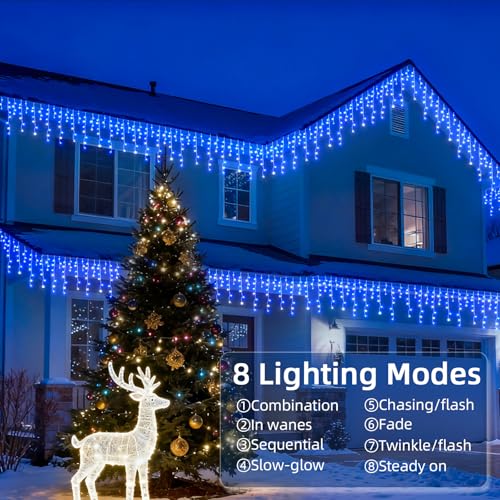 Christmas Outdoor Icicle Lights - 480 LED 66+33 FT 8 Modes Curtain Fairy String Light Plug in, Waterproof for Eaves Yard Holiday Xmas Holiday Indoor Outdoor Decoration - Blue White - color: Blue White, size: 65.6+32.8FT