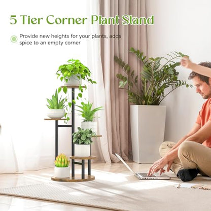 Oppro Plant Stand Indoor, 5 Tier Metal Wood Flower Multiple Shelf - color: Black-5 Tier