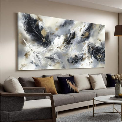 YISXINOAG Black White Abstract Wall Art Modern Feather Painting 29"X58" - color: black grey, size: 58"L x 29"W