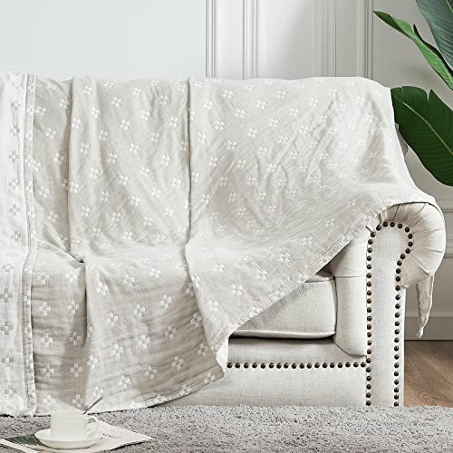 jinchan 100% Cotton Muslin Blanket Twin Boho Throw Blanket 60x80 Oatmeal - color: B. Cross Grey, size: 60"x80"