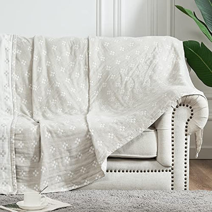 jinchan 100% Cotton Muslin Blanket Twin Boho Throw Blanket 60x80 Oatmeal - color: B. Cross Grey, size: 60"x80"