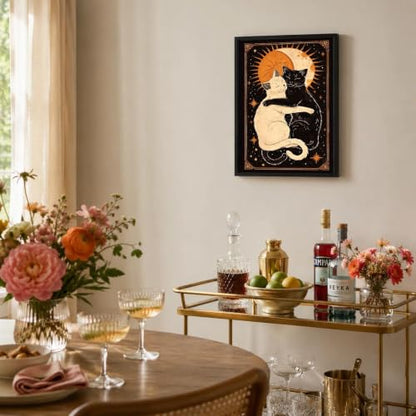 Black Framed Cat Wall Art, Celestial Pictures Wall Decor, 12x16 in - color: Gold-Cats