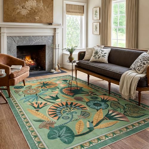 Zealude 5x7 Floral Rug, Green Rug for Living Room, Washable Low Pile Bedroom Rugs, Non Slip Throw Rugs with Rubber Backing, Soft Carpet for Dining Room Home Office Playroom - color: Sage Green, size: 5' x 7'(Rectangular)