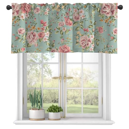 Vintage Flower Semi Sheer Green Valance, Short Window Treatment, Light Filtering Decor for Kitchen, Living Room, Bedroom - 42"x18" - color: Vintage Floral Flowers, size: 18"W x 42"L (Pack of 1)