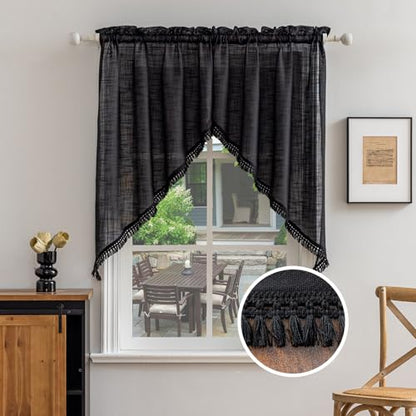 Beda Home Tassel Linen Textured Swag Curtain Valance, Black, 36 x 45 in - color: Black, size: 36"W x 45"L (Pack of 2)