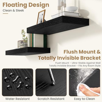 36 Inch Long Floating Shelves for Wall Set of 2, 12"D Wood Grain Shelves - color: Black, size: 36"Wx12"Dx2"H, 2P