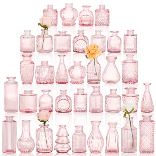 36pcs Pink Glass Bud Vase Set, Small Flower Vases for Centerpieces in Bulk - color: Pink, size: 36pcs