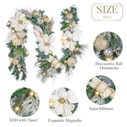 Valery Madelyn 6 Feet Christmas Garland with Lights White Gold Magnolia - color: White Gold, size: 6 feet