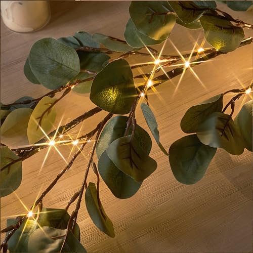 LITBLOOM Lighted Eucalyptus Garland Battery Operated with Timer 6FT 96 LED Artificial Greenery Twig Vine Lights for Room Stairs Mantle Wedding Holiday Decoration Indoor Outdoor - style: Eucalyptus