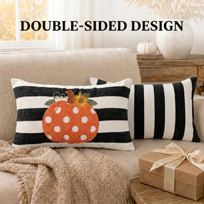Fall Lumbar Pillow Covers 12x20 Set of 2, Embroidered Pumpkin - color: Black & White Stripe Pumpkin（appliqué）, size: 20" x 12" (Pack of 2)