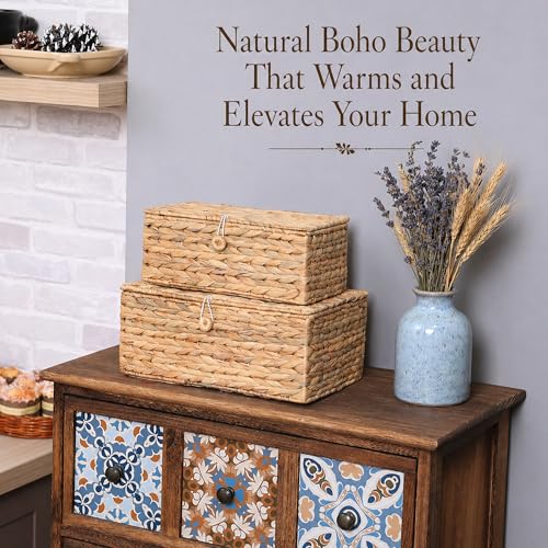 LUSYDECO Set of 2 Rectangular Wicker Storage Basket with Lid