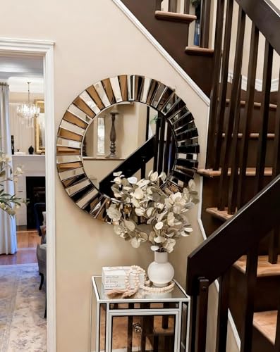 Decorative Round Mirror Sunburst: Silver-Brown Crystal Edge 31.5 in - size: 31.5"L x 31.5"W