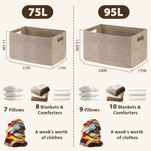 Optish 75L Large Woven Blanket Basket, Storage Basket with Handles, Brown - color: Brown, size: 22" x 17" x 11.5"(75L)