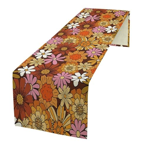 Retro 70s Floral Table Runner Hippie Summer Groovy Boho 60s Flower Dinner Runner for Home Kitchen Dining Table Party Decor 13"x36" - color: Orange-2, size: W13"x L36"