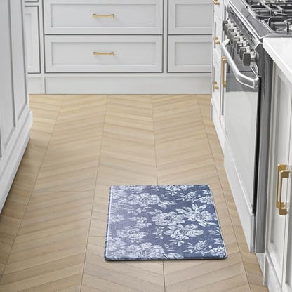 Laura Ashley - Anti-Fatigue Kitchen Mat, Iris Floral Design, Stain, Water & Fade Resistant, Cooking & Standing Relief, Non-Slip Backing, Measures 17.5" x 32", Navy Iris - color: Navy, size: 32"L x 17.5"W x 0.47"Th