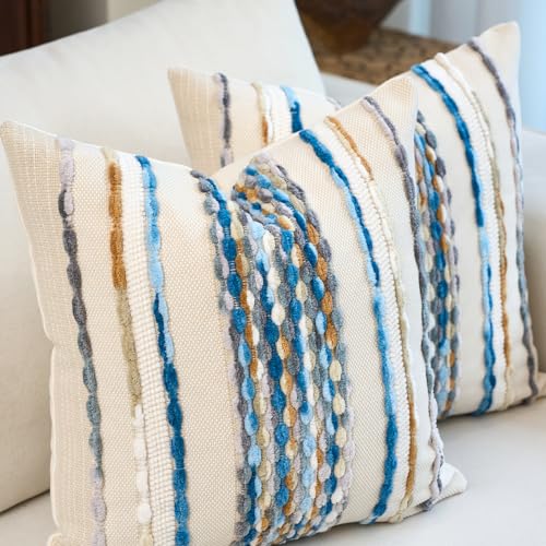 Aeckself Boho Pillow Covers 18x18 Inch Set of 2, Farmhouse Decorative Striped Square Chenille Tufted Accent Neutral Throw Pillow Covers for Living Room Couch Bed, Sky Blue - color: Sky Blue