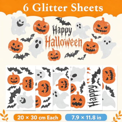 Glitter Halloween Window Clings Decor, Cute Ghost Pumpkin Stickers Decals - color: Halloween Glitter