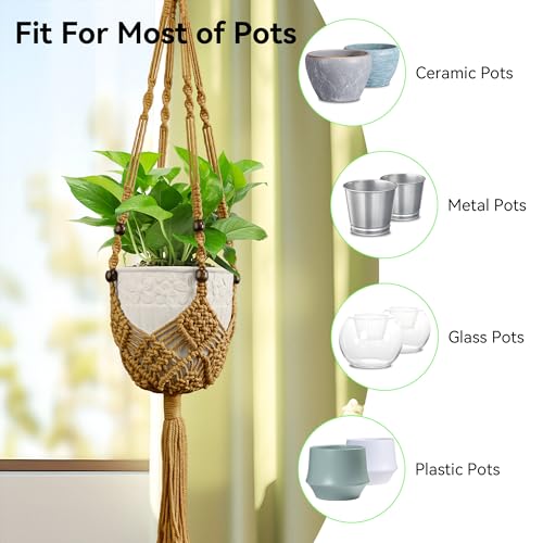 USLAI Macrame Plant Hanger, for Up to 6.5 Inch Pots, 35 Inch, Tan, 2 Pack - color: 35+35 Inch - Tan
