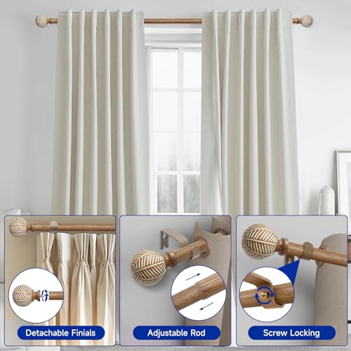 Wood Curtain Rods for Windows: 1 Inch Diameter Adjustable Heavy Duty Curtain Rod 32" to 168" with Imitation Wood Grain Leaf Pattern Finials - color: Wood grain, size: 32"-168"|1 PACK