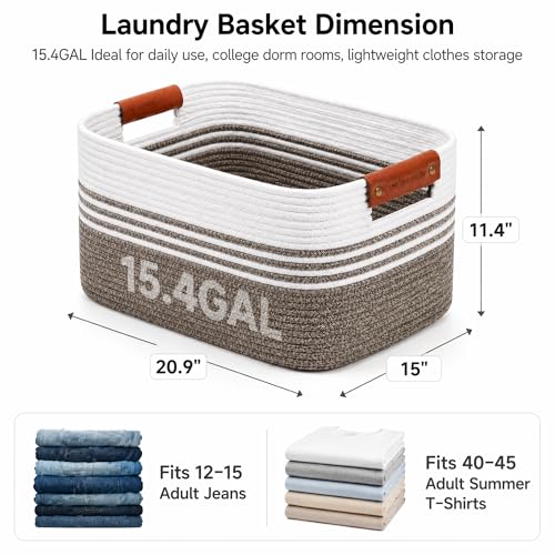 Cotton Rope Laundry Basket Medium, 15.4GAL Collapsible Woven Storage Baskets for Living Room Kids Toys Stuffed Animal,Boho Rectangular Decorative Short Hamper for Dirty Clothes, Blankets Dark Brown - color: DarkBrown, size: 15.4GAL