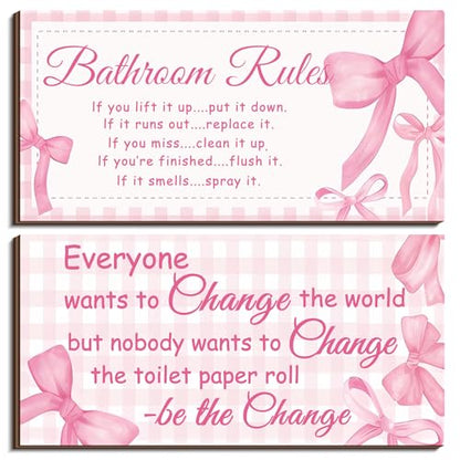 Jetec 2 Pcs Coquette Pink Bow Bathroom Wall Decor Wooden Sign 12 x 6 Inch - style: Pink Bow Style