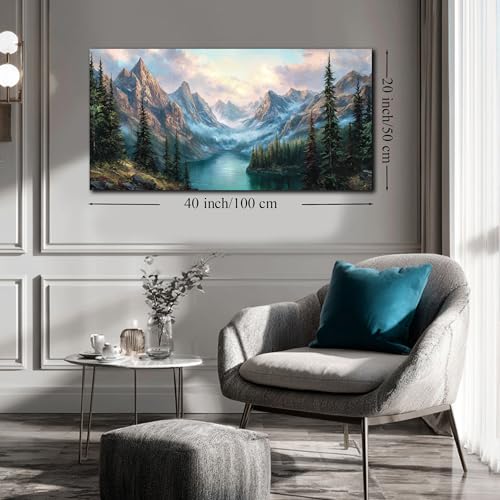 MXUNYZ Green Pine Tree River Mountains Canvas Wall Art for Living Room - color: Blue Green, size: 48"L x 24"W