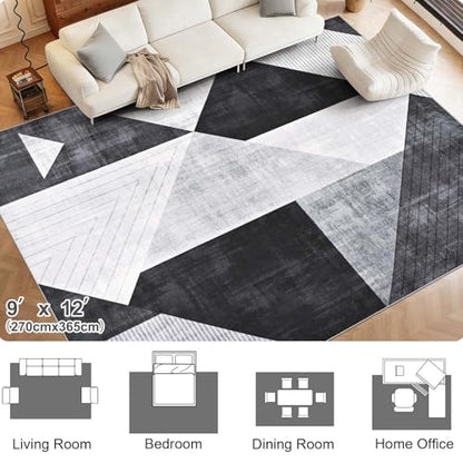 Yinhua Modern Geometric Area Rugs 9x12 Living Room Grey Washable Rugs Non Slip Low Pile, Large Soft Bedroom Rug Non Shedding, Modern Simplicity Carpet for Home Office, Dining Room, Grey Black - color: Grey, size: 9 x 12 ft