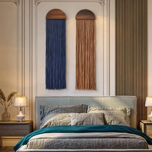Flber 2 Pcs Macrame Wall Hanging Blue Brown Boho Decor 10" W*40" L - color: Blue and Brown
