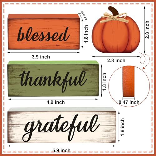 4 Pcs Fall Wooden Table Sign Fall Wooden Tiered Tray Decor Thankful Blessed Grateful Tabletop Signs Farmhouse Pumpkin Wood Blocks for Autumn Thanksgiving Harvest Home Kitchen Table Shelf Decor