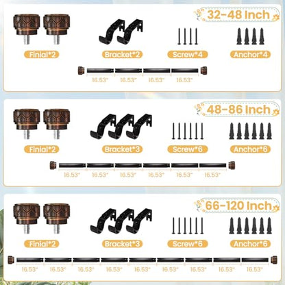 Bronze Curtain Rod 48-84 Inch Heavy Duty Boho Carved Finial - color: Bronze, size: 48-84"