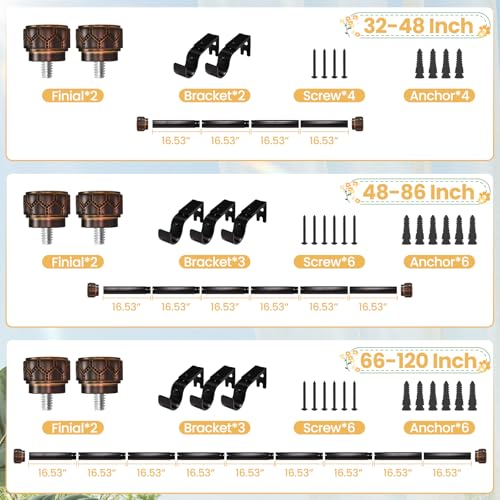 Bronze Curtain Rod 66-120 Inch Heavy Duty Boho Carved Finial - color: Bronze, size: 66-120"