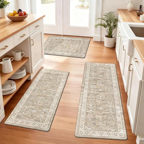 Pauwer Anti Fatigue Kitchen Floor Mats Set of 3, Cushioned Rug, Light Brown - color: Light Brown