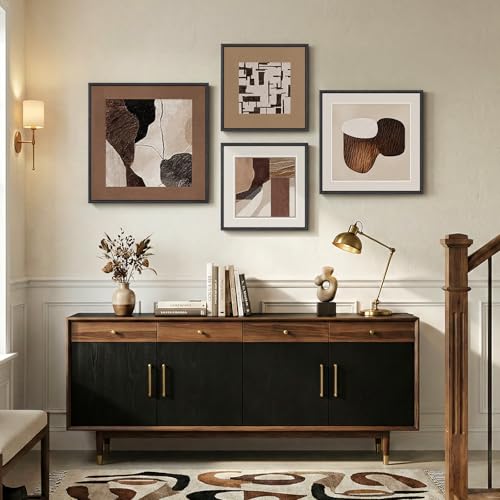 Large Framed Neutral Brown Abstract Wall Art for Living Room, 4 Piece Set