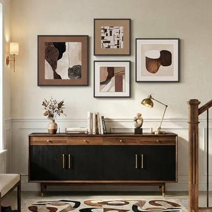 Large Framed Neutral Brown Abstract Wall Art for Living Room, 4 Piece Set