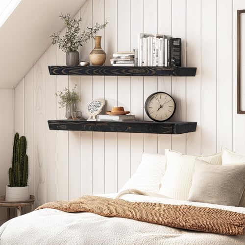 36x6.8x1.6in Slanted Solid Wood Floating Wall Shelves 2-Pack Black - color: Black, size: 36"-Set of 2