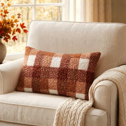 MIULEE Fall Plaid Pillow Covers Boucle Rust 12x20 Set of 2 Lumbar - color: Rust, size: 20" x 12" (Pack of 2)