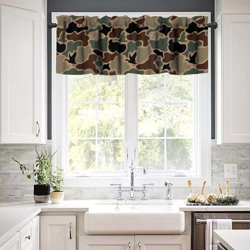 Duck Hunter Camouflage Valance, Rustic Vintage Green Black Camo Wild Animal Ducks Print Blackout Short Window Curtain for Kitchen Bedroom Livingroom, 54x18inch - color: Camo-8