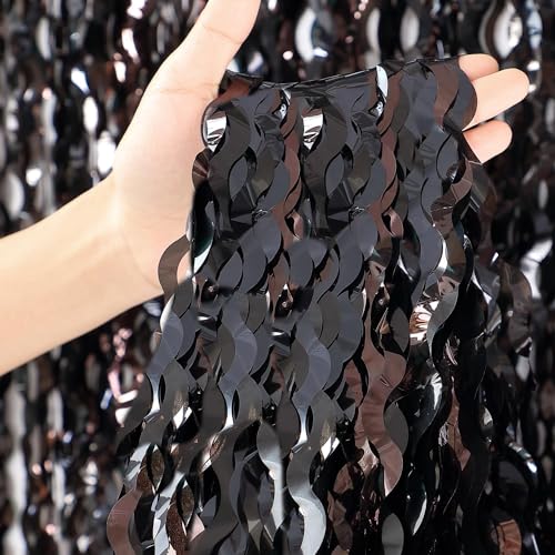 3 Pack New Years Decorations Wavy Black Tinsel Foil Fringe Curtains Party Backdrop 3.3 x 6.6 ft Streamer Backdrop Tinsel Curtains for Birthday, Graduation, Fiesta, Halloween Party Decor - color: Pure Black
